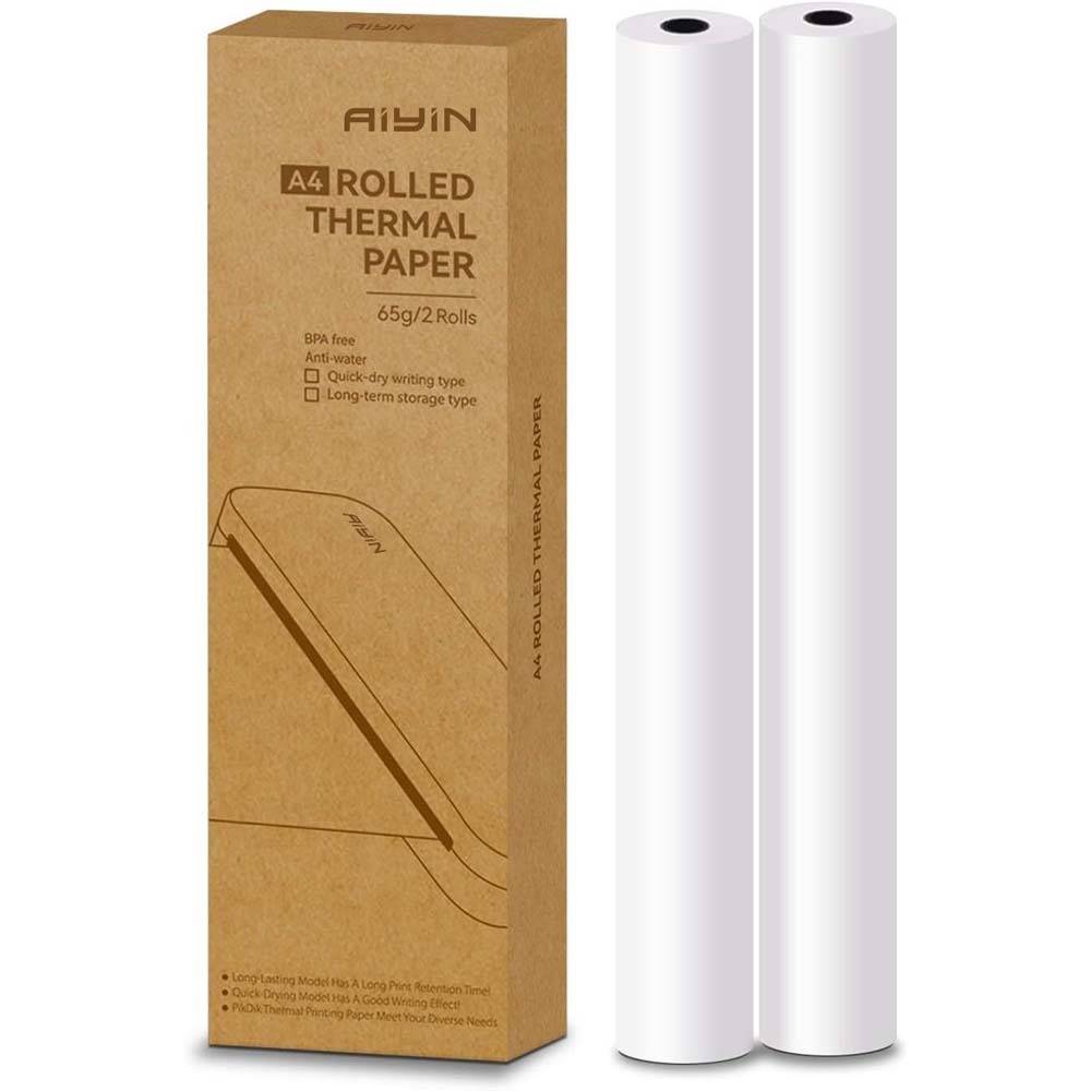 Karton mit Aiyin A4 Thermopapier in Rollen, 65g/2 Rollen, daneben zwei weiße Papierrollen gezeigt.