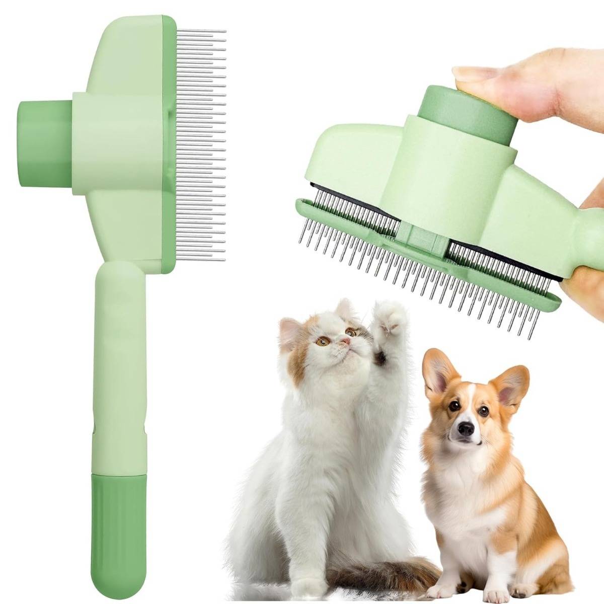 Grüne Tierpflegebürste und -kamm mit feinen Metallzähnen, gezeigt mit einer Katze und einem Corgi, um die Verwendung zum Bürsten von Haustieren anzudeuten.