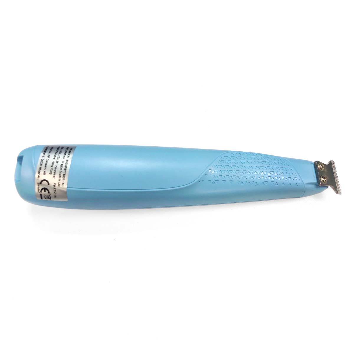 Blauer elektrischer Haarschneider mit Metallklinge, auf weißem Hintergrund abgebildet.