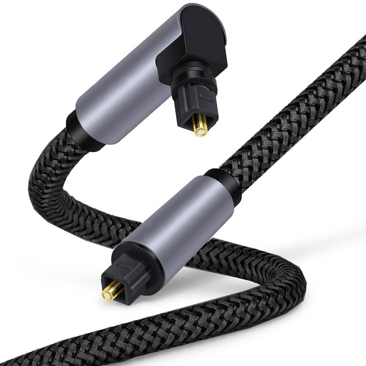 Geflochtenes Audiokabel mit zwei rechtwinkligen Steckern, dargestellt auf weißem Hintergrund.