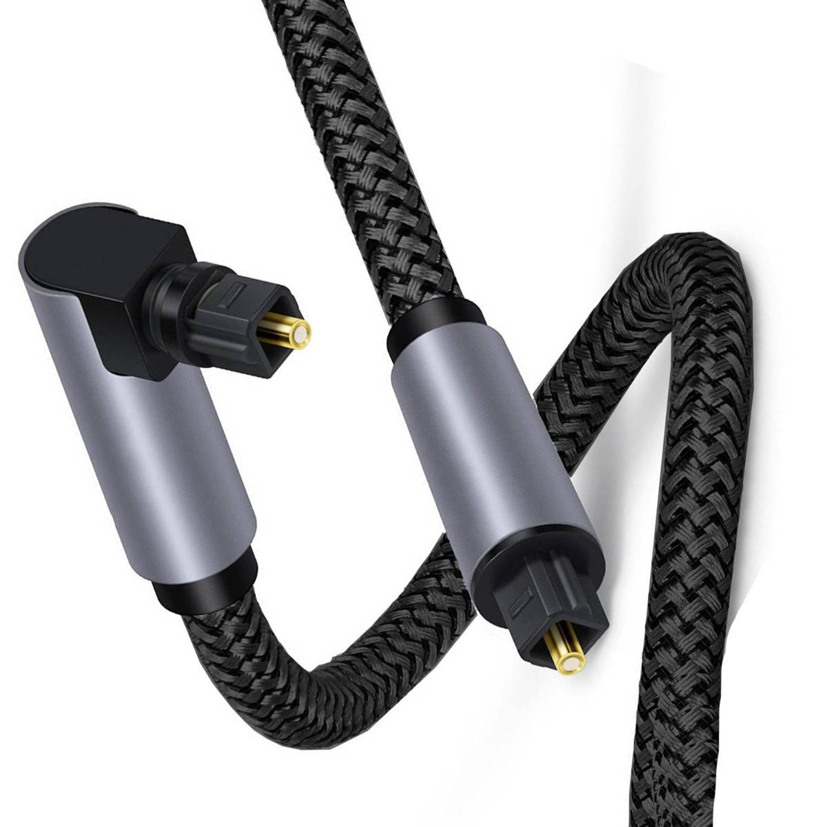 Geflochtenes schwarzes Audiokabel mit zwei abgewinkelten Metallsteckern auf weißem Hintergrund.