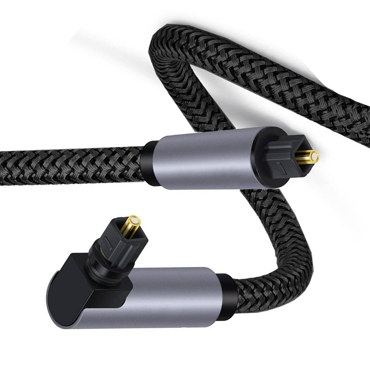 Geflochtenes schwarzes Audiokabel mit silbernen Steckern, gezeigt mit einem geraden Stecker und einem abgewinkelten Stecker auf weißem Hintergrund.