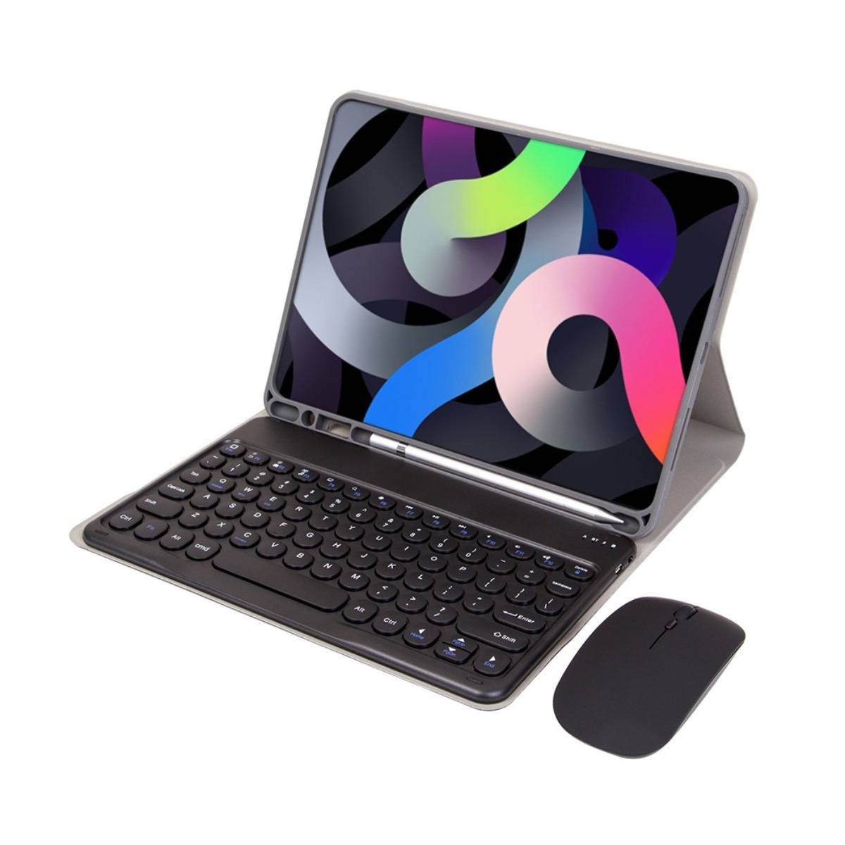 Tablet in einem Keyboard-Case mit Stylus und kabellos Maus, dargestellt als tragbarer Laptop-ähnlicher Aufbau.