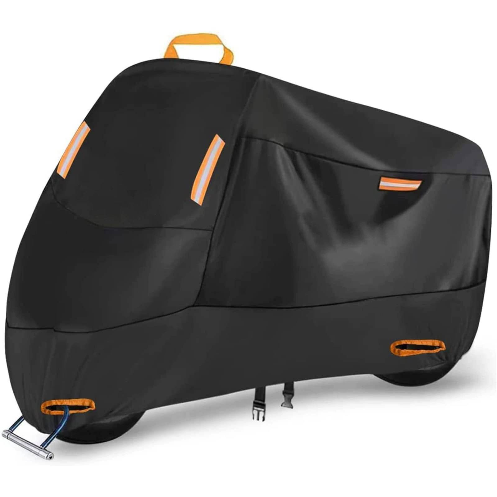 Schwarze Fahrradabdeckung mit orangefarbenen reflektierenden Akzenten, Griff und Radgurten auf weißem Hintergrund.