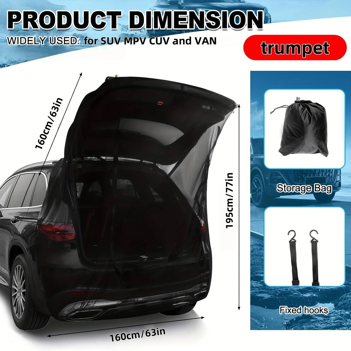 Produktdimensionstabelle für ein schwarzes SUV-Heckklappenzeldt mit 160 cm Breite und 195 cm Höhe, mit Aufbewahrungstasche und befestigten Haken im Lieferumfang enthalten.