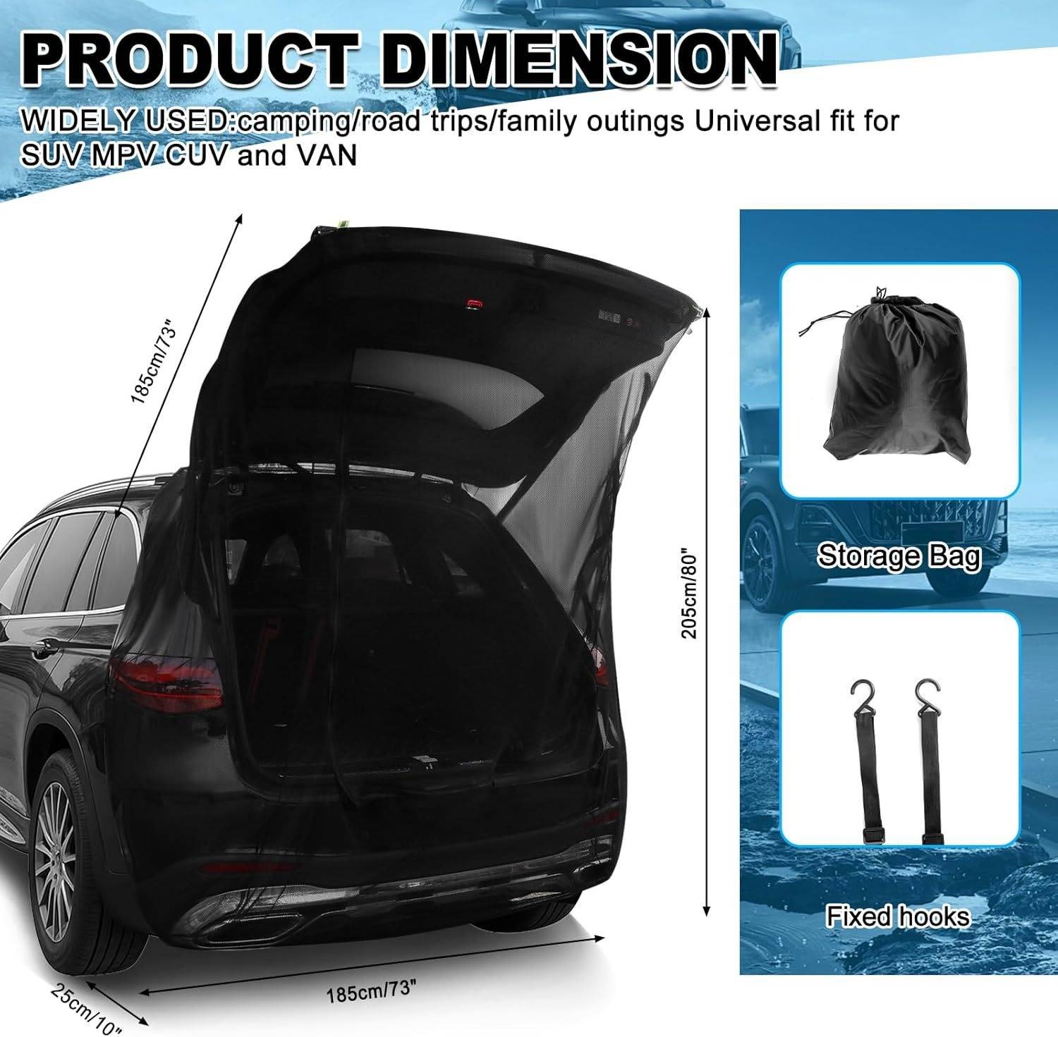 Produktabmessungs-Grafik für ein Auto-Dachzelt, das die Kompatibilität mit SUV, MPV, CUV und Minibus zeigt; enthält Aufbewahrungstasche und Befestigungshaken.
