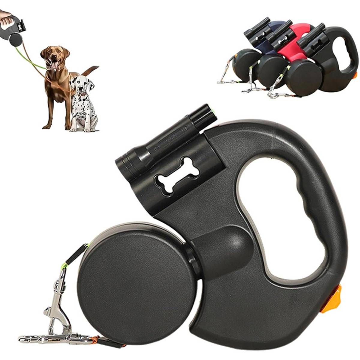 Doppelte Hundeleine: Einziehbare Hundeleine für zwei Hunde mit verwicklungsfreiem Design Black