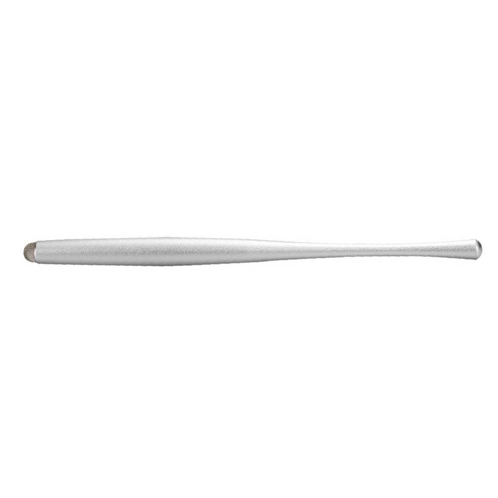 Eine silberfarbene Metallnagelfeile mit konischem Griff und abgerundeter Schleiffläche, horizontal auf weißem Hintergrund dargestellt.