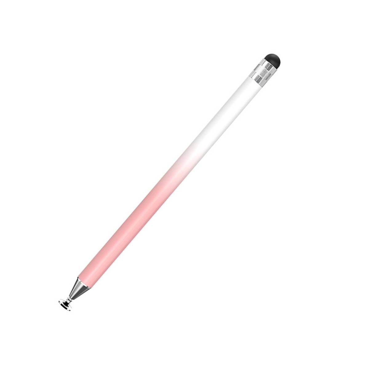 Rosa Eingabestift mit schwarzem Deckel und silberner Spitze, diagonal auf weißem Hintergrund dargestellt.