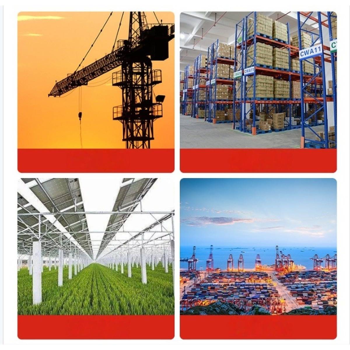 Vierteiliges Industriecollage: Baukran bei Sonnenuntergang, Lagerhallenborde mit verpackten Waren, Gewächshaus-Feldreien und ein Containerhafen mit Kränen.