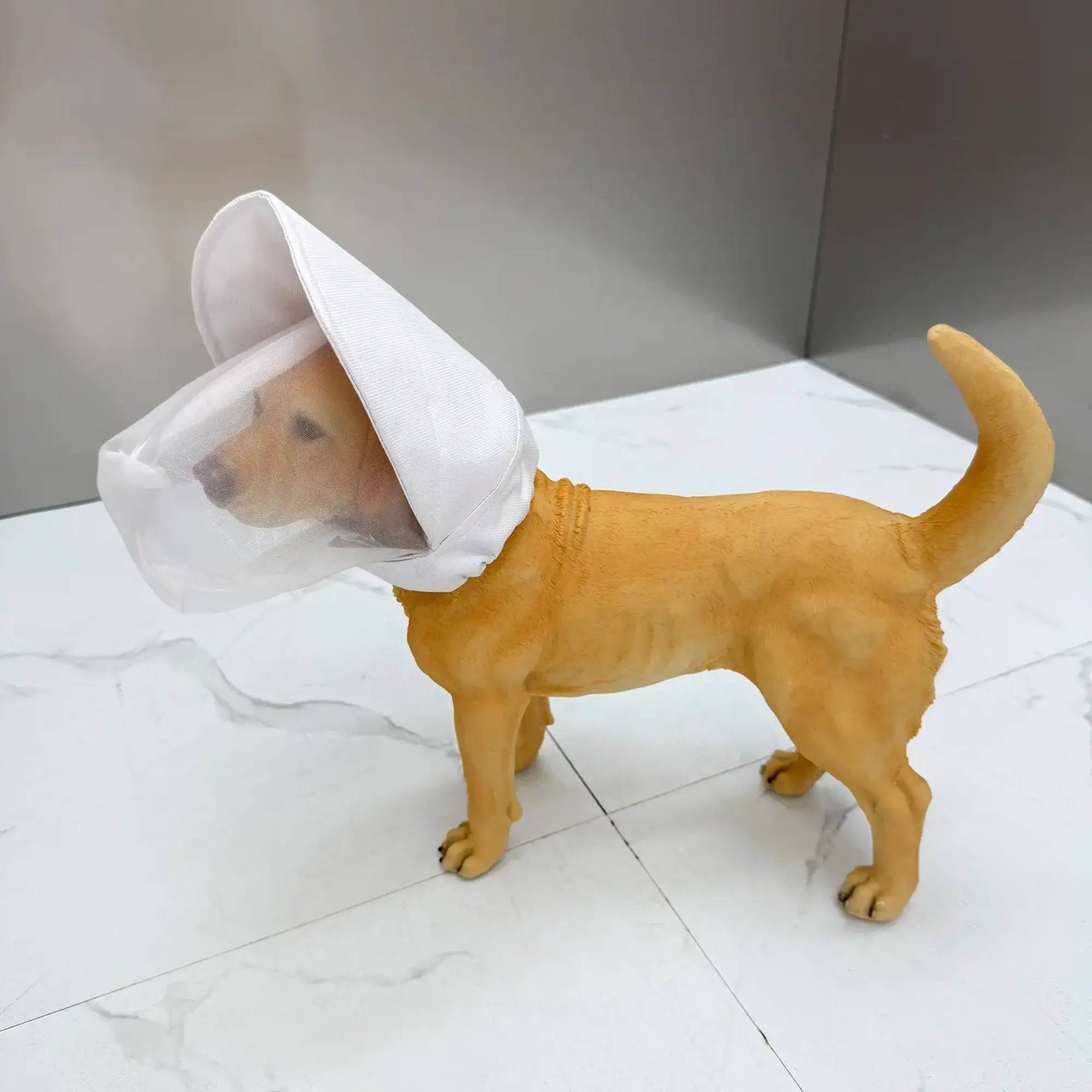 Kleine beige Hundefigur mit weißem Schutzkonus und Gesichtsmaske, stehend auf weißem Fliesenboden.