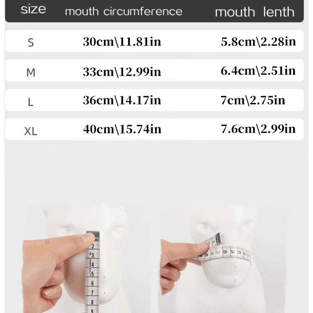 Größentabelle für einen Tiermaulkorb: S 30 cm Maulumfang, 5,8 cm Maulöffnung; M 33 cm, 6,4 cm; L 36 cm, 7 cm; XL 40 cm, 7,6 cm.