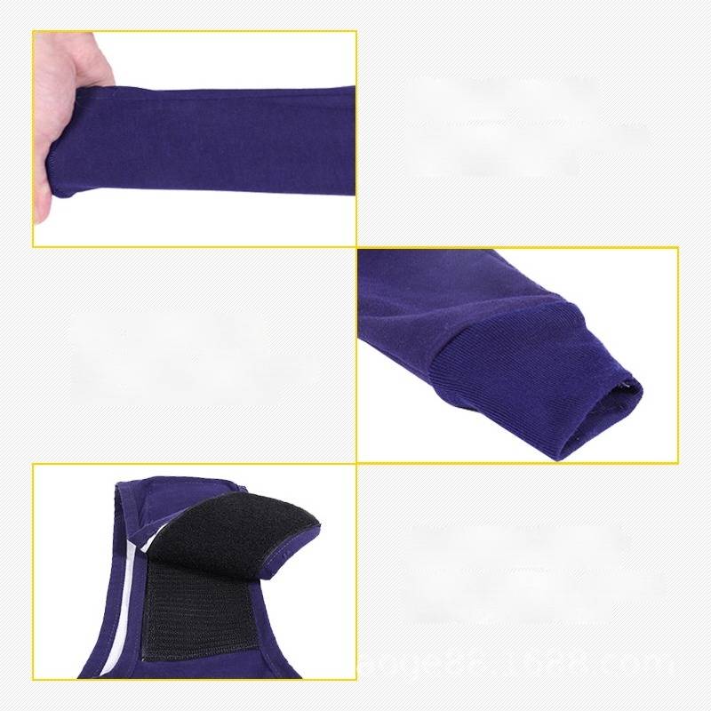 Nahaufnahmeproduktfotos einer violetten Stoffmanschette mit schwarzem Klettverschlussband, gezeigt aus mehreren Blickwinkeln.