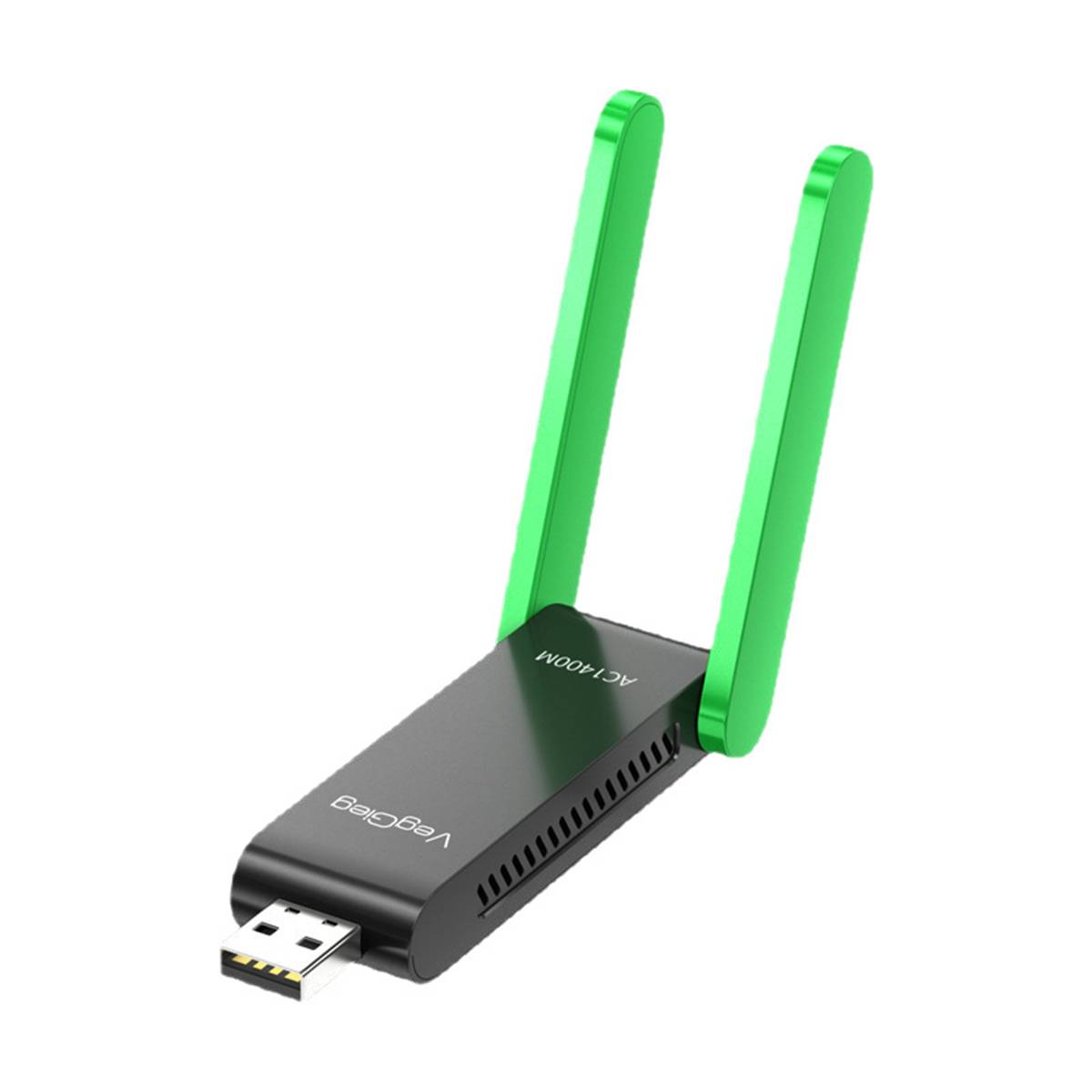 Schwarzer Veetop USB Wi‑Fi Adapter mit zwei grünen Antennen, gezeigt auf weißem Hintergrund.