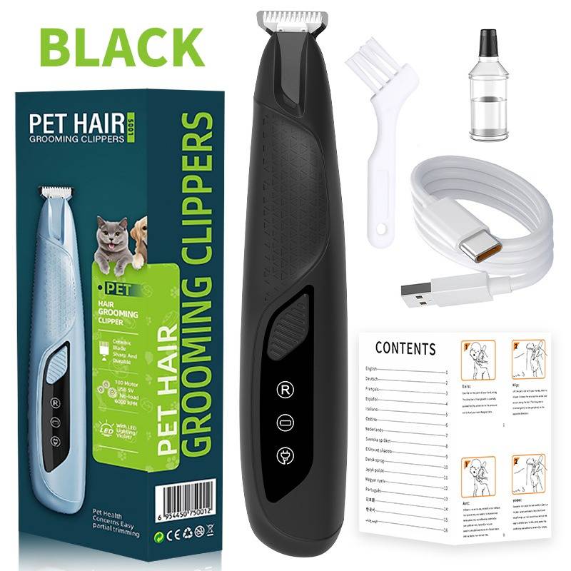 Schwarzes Haustierfell-Schneide-Set mit Trimmer, Kamm, Ölflasche, USB-Kabel und Anleitung neben der Verpackung abgebildet.