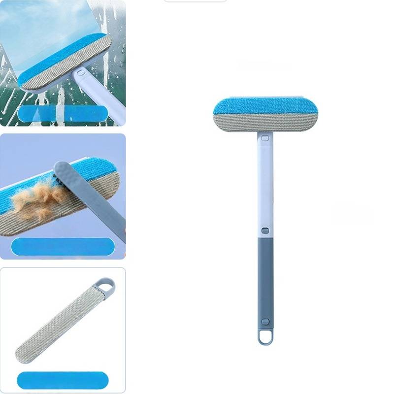 Blau-grauer Fensterreinigungsbürste mit langem Griff, gezeigt auf weißem Hintergrund mit kleinen Einsatzbildern, die das Reinigen von Glas und das Entfernen von Tierhaaren aus Stoffen demonstrieren.