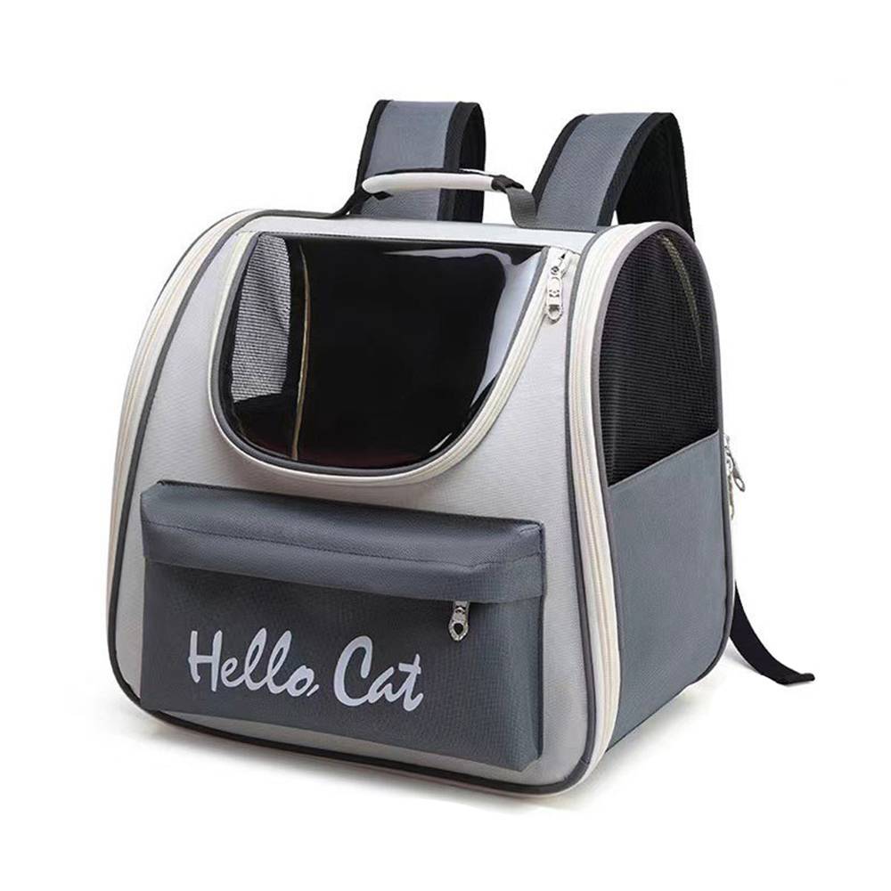Grauer Katzentransportrucksack mit Maschenfenstern, Vordertasche und „Hello Cat