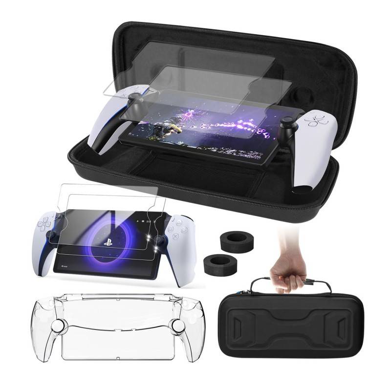 Tragbare PlayStation Portal-Handheld-Konsole mit Schutzetui, transparenter Bildschirmschutzfolie, Daumengriffe und Tragetasche in mehreren Ansichten.