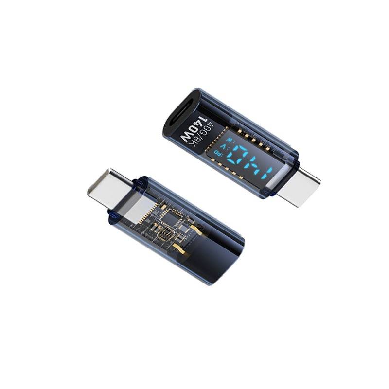 140W USB-C Buchse auf USB-C Stecker Adapter mit Digitalanzeige, Transparent Blau, Gerader Stecker (2er-Pack)