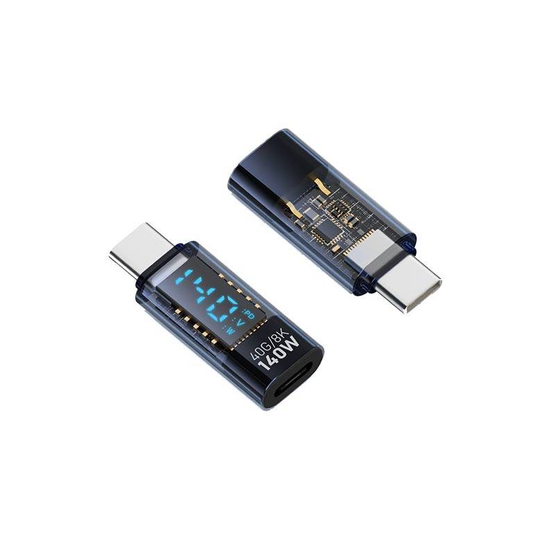 140W USB-C Buchse auf USB-C Stecker Adapter mit Digitalanzeige, Transparent Blau, Gerader Stecker (2er-Pack)