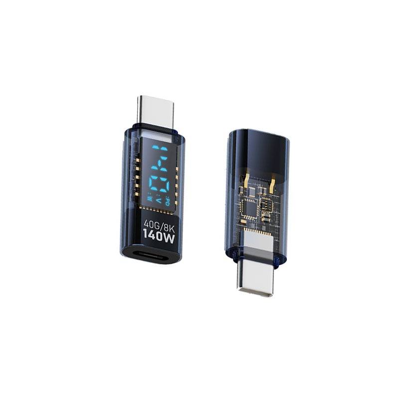 140W USB-C Buchse auf USB-C Stecker Adapter mit Digitalanzeige, Transparent Blau, Gerader Stecker (2er-Pack)