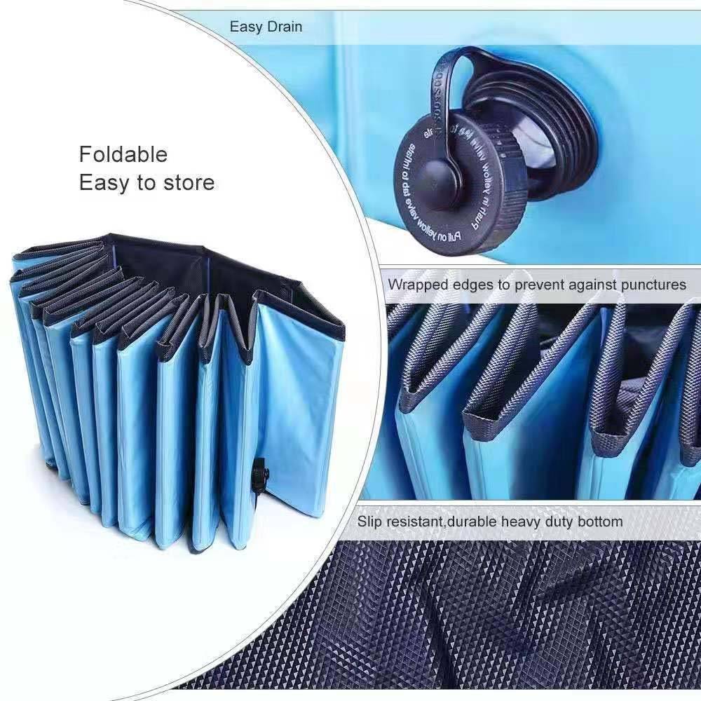Faltbarer blauer Easy Drain Wasserbehälter mit Pumpe und Nahaufnahmen, die die durchstoßfesten, umwickelten Kanten und den rutschfesten, strapazierfähigen Boden hervorheben.