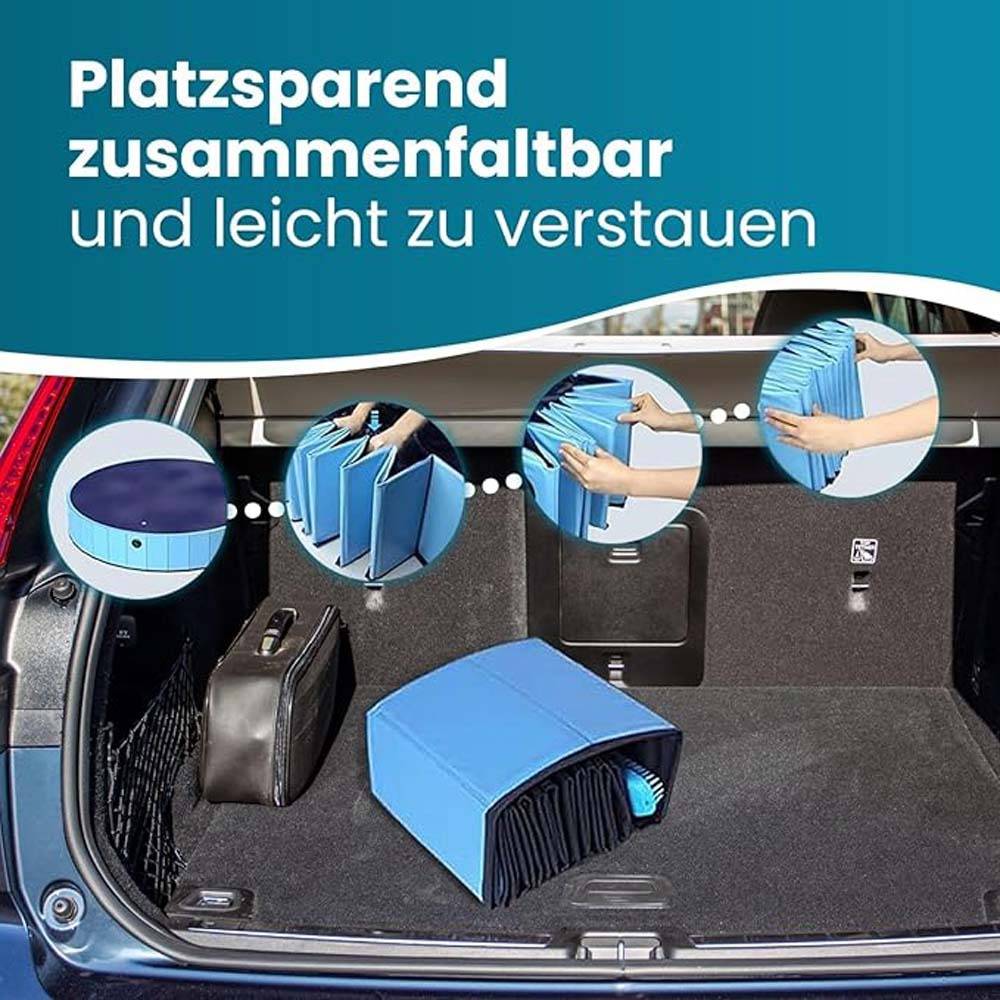 Kofferraum-Organizer faltet sich flach zusammen für platzsparende Lagerung; kreisförmige Einsatzbilder zeigen, wie er zusammengeklappt und verstaut wird.