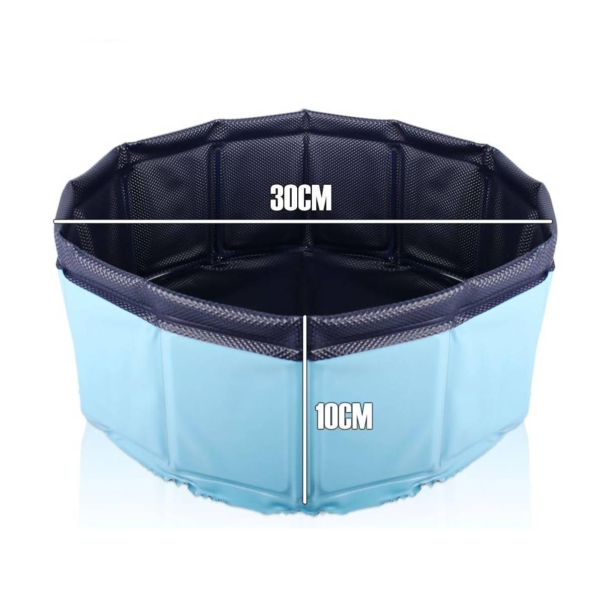 Blauer sechseckiger Stoff-Aufbewahrungskorb, beschriftet mit 30 cm Breite und 10 cm Höhe.
