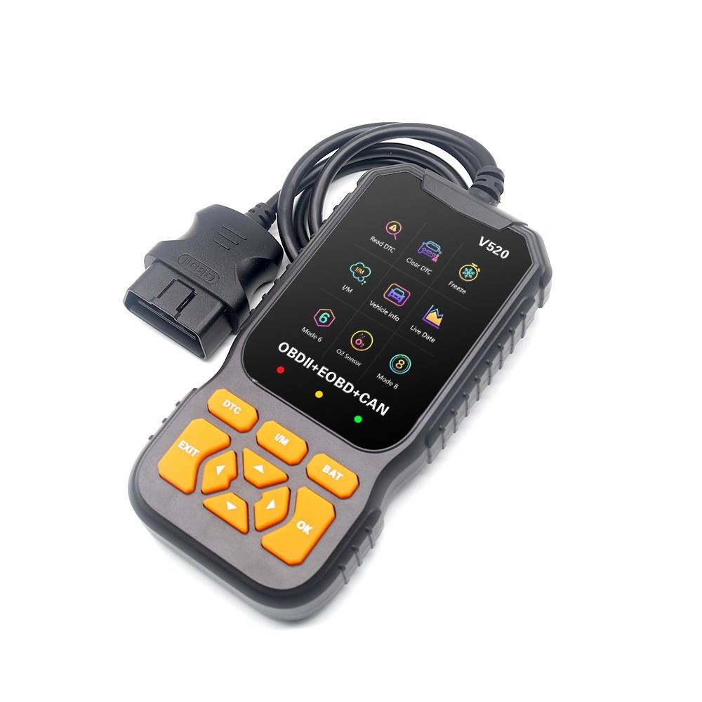 Tragbarer OBD2-Autoscannerdiagnosegerät mit Kabel und orangefarbenen Steuertasten, auf weißem Hintergrund dargestellt.