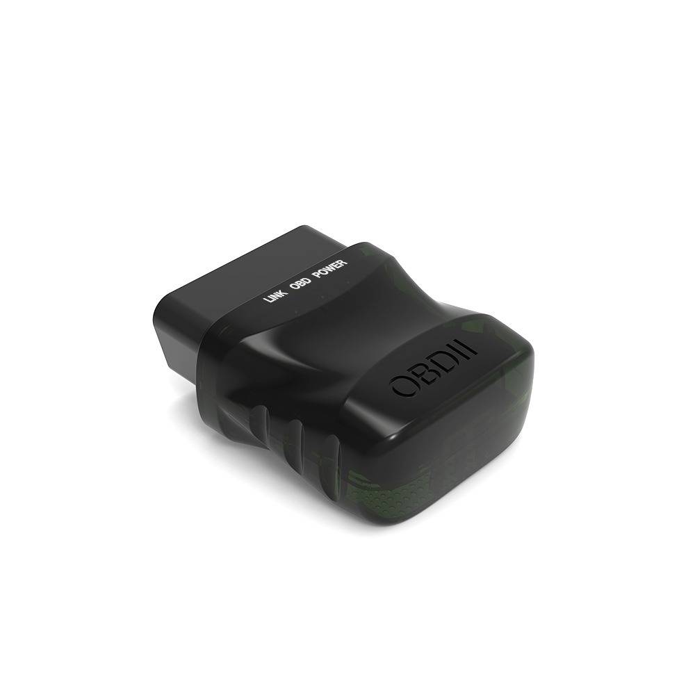 Schwarzer OBD-II-Autodiagnose-Adapterstecker auf weißem Hintergrund mit sichtbaren Beschriftungen „LINK