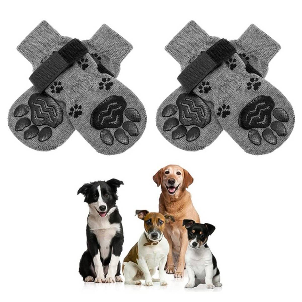Haustier Socken Pfotenschutz Grau (4 Stück) – Rutschfest, Wasserdicht und Verhindert Abrutschen, Kompatibel mit Hunde aller Größen M
