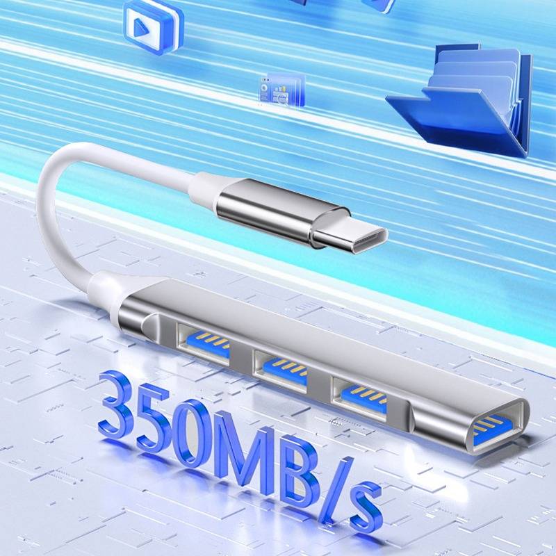USB-C-Kabel und Adapter-Grafik mit Werbung für 350 MB/s Datenübertragungsgeschwindigkeit, mit elegantem blauem Tech-Hintergrund.