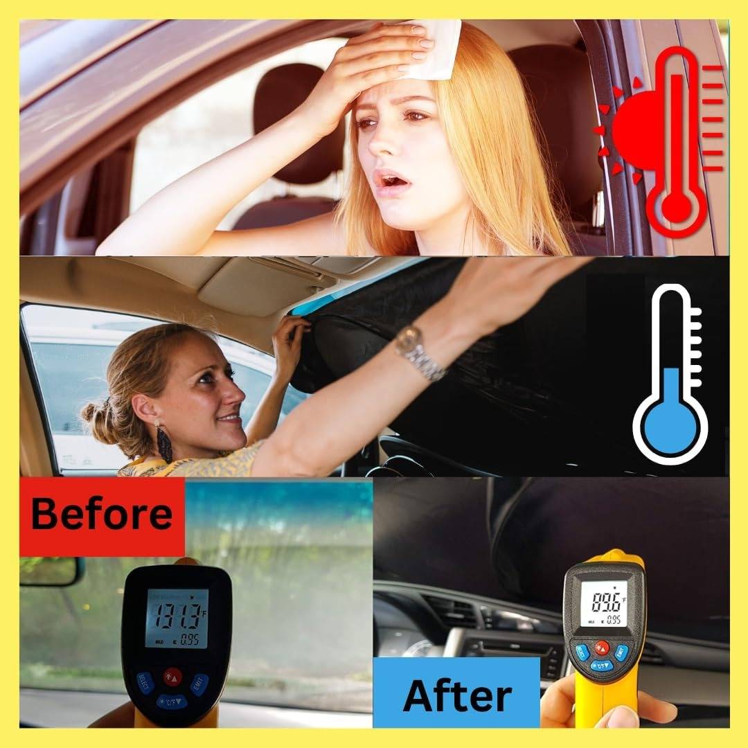 Vorher-und-Nachher-Collage, die ein heißes Autoinnenraum zeigt; vorher, eine Frau schwitzt, während sie ihre Stirn hält und ein Thermometer-Symbol zeigt rote Hitze, nachher, eine Frau installiert eine Sonnenschutzvorrichtung und das Thermometer-Symbol ist blau, mit angezeigten Temperaturwerten.