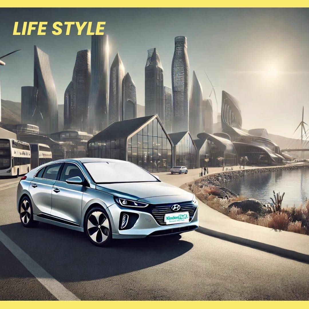 Silberner Hyundai-Limousine neben einer futuristischen Skyline einer Wasserfronstadt, mit dem Text 