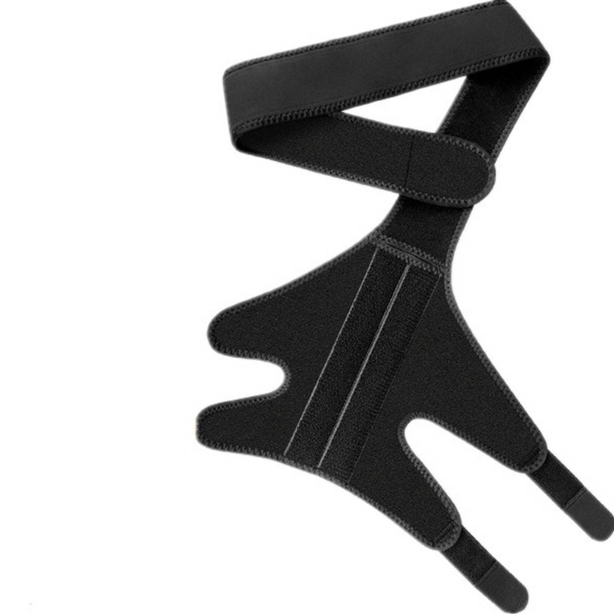 Schwarze verstellbare Fußgelenkstütze mit Riemen und Klettverschluss, dargestellt auf weißem Hintergrund.