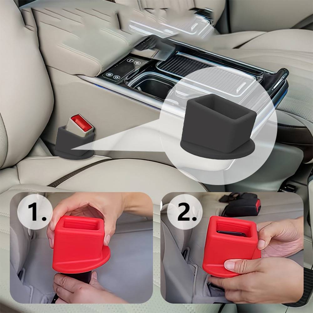 Autoinnenraum mit einem in Schwarz und Rot gezeigten Sicherheitsgurt-Schnalle-Blocker sowie zwei Schrittfotos, die zeigen, wie man ihn über den Sicherheitsgurt-Verschluss platziert.