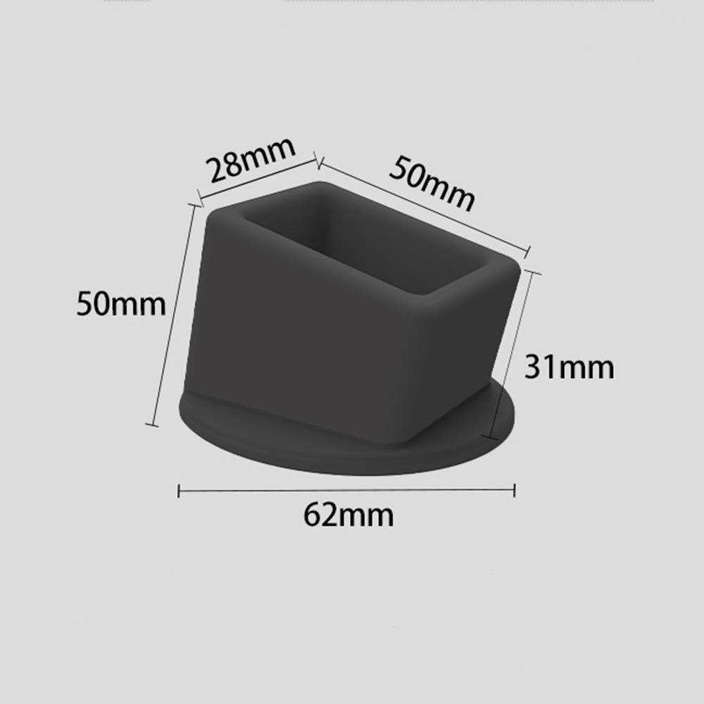 Schwarze quadratische Getränkehalter-Einsatz auf rundem Sockel, gekennzeichnet mit den Abmessungen 62mm Breite, 50mm Höhe, 50mm Tiefe, 28mm obere Breite und 31mm Seitenhöhe.