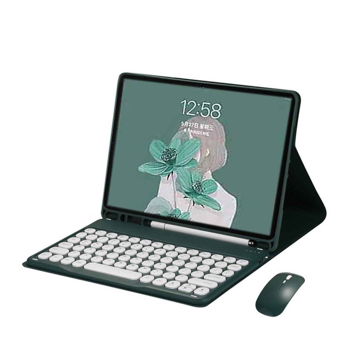 Tablet in einem Folio-Tastaturgehäuse mit kabellose Maus, zeigt einen Sperrbildschirm mit der Uhrzeit 12:58 und floralem Hintergrund.