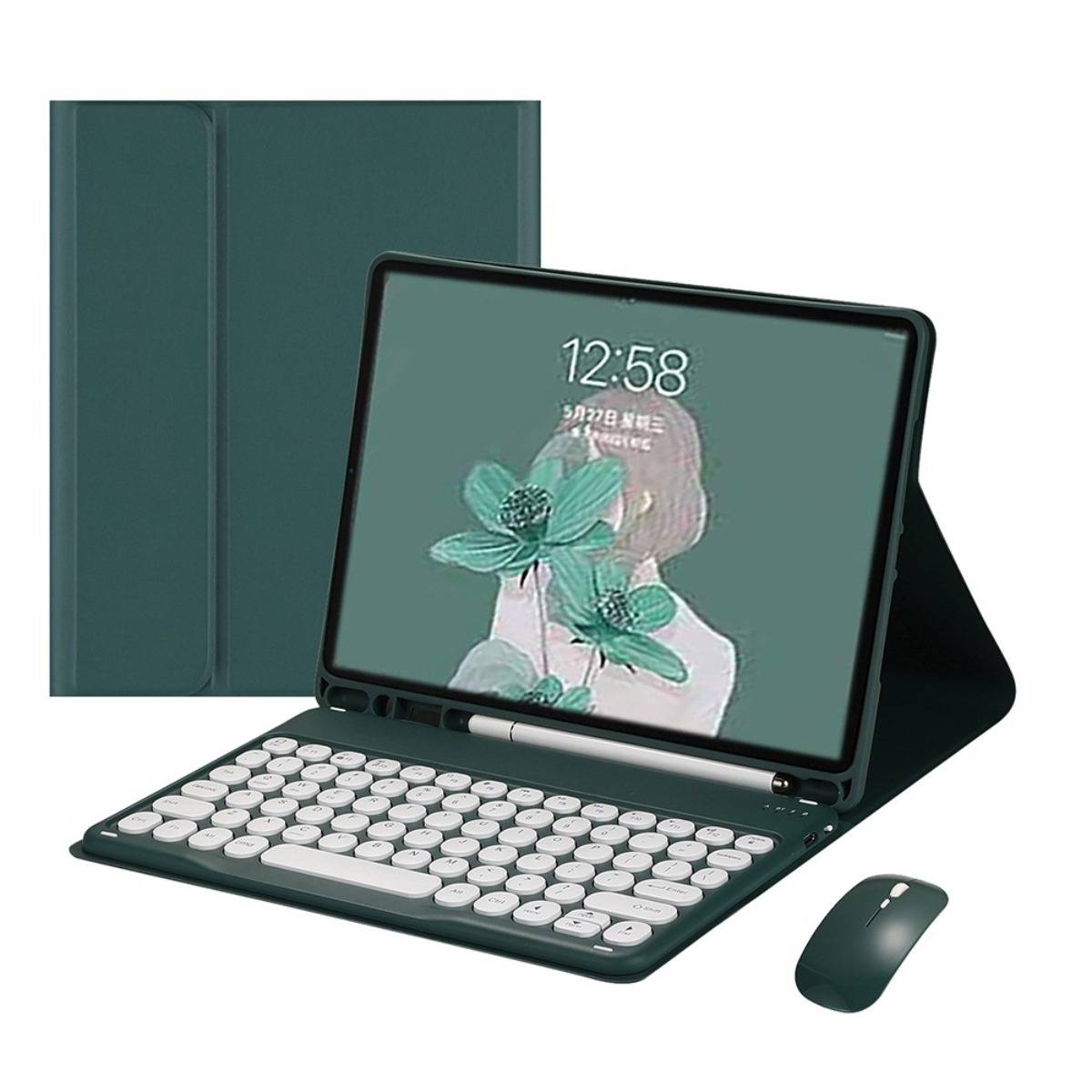Grünes Tablet-Keyboard-Case mit Bildschirmschutz und pasender kabelloser Maus auf weißem Hintergrund angezeigt.