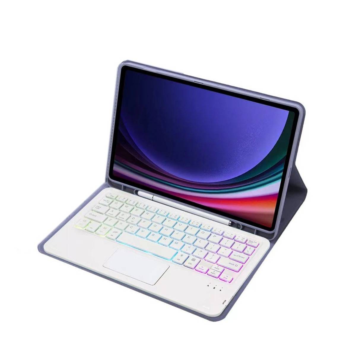 Weiße Tablette mit abnehmbarer Tastatur in einem Folienetui, geöffnet wie ein kleiner Laptop auf weißem Hintergrund dargestellt.