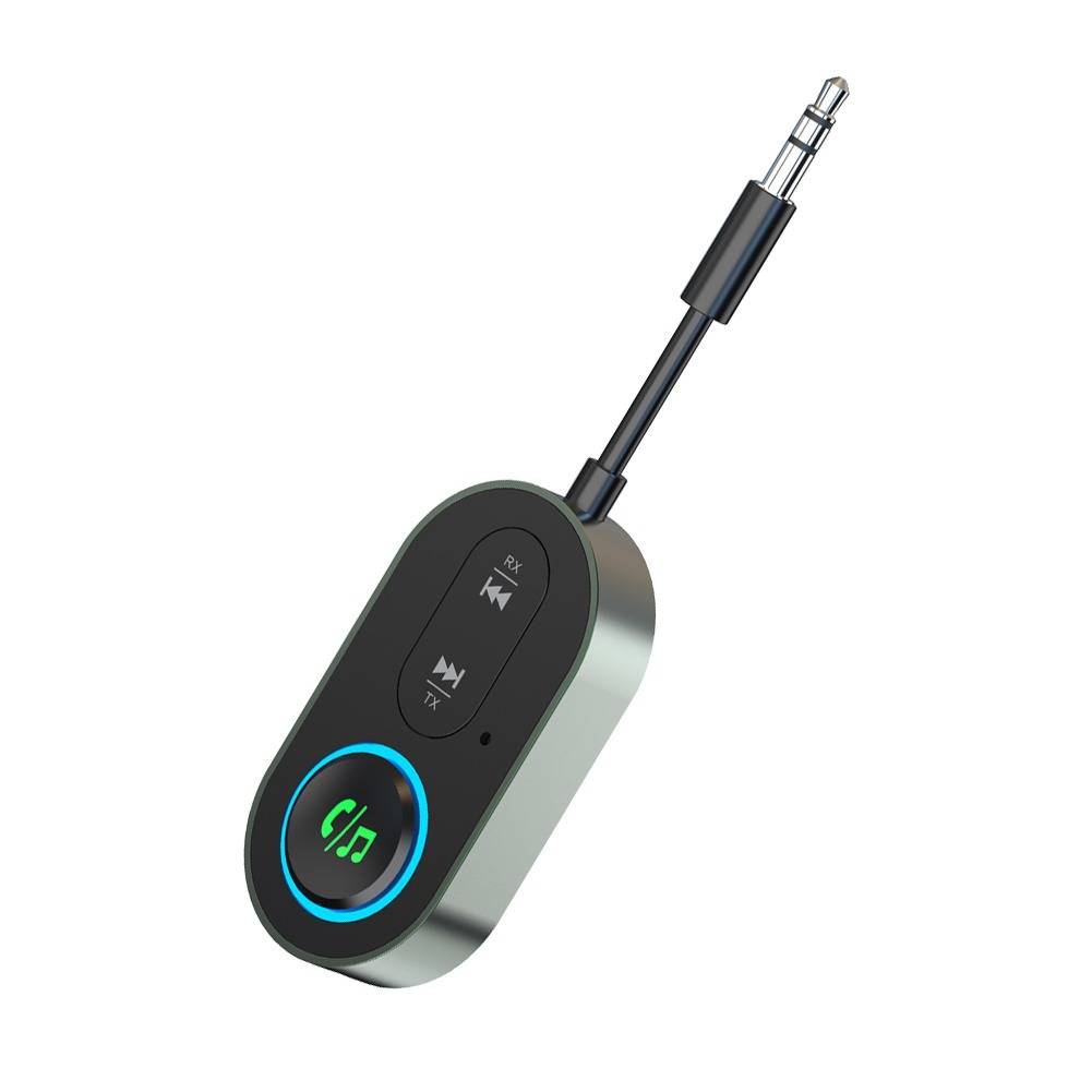 Bluetooth-Audio-Empfängeradapter mit 3,5-mm-Stecker, sichtbaren Wiedergabe-/Pausetasten und Titeltasten sowie einem leuchtenden Anrufsymbol