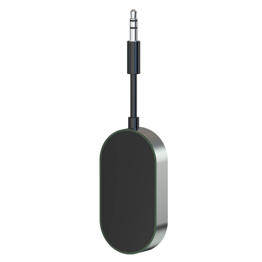 Schwarzer ovaler Audio-Sender oder Antenne mit 3,5-mm-Stecker und Kabel, gezeigt auf weißem Hintergrund.