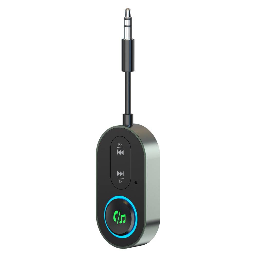 Bluetooth-Audio-Empfängeradapter mit 3,5-mm-Stecker und Steuertasten, Vorderansicht auf weißem Hintergrund.