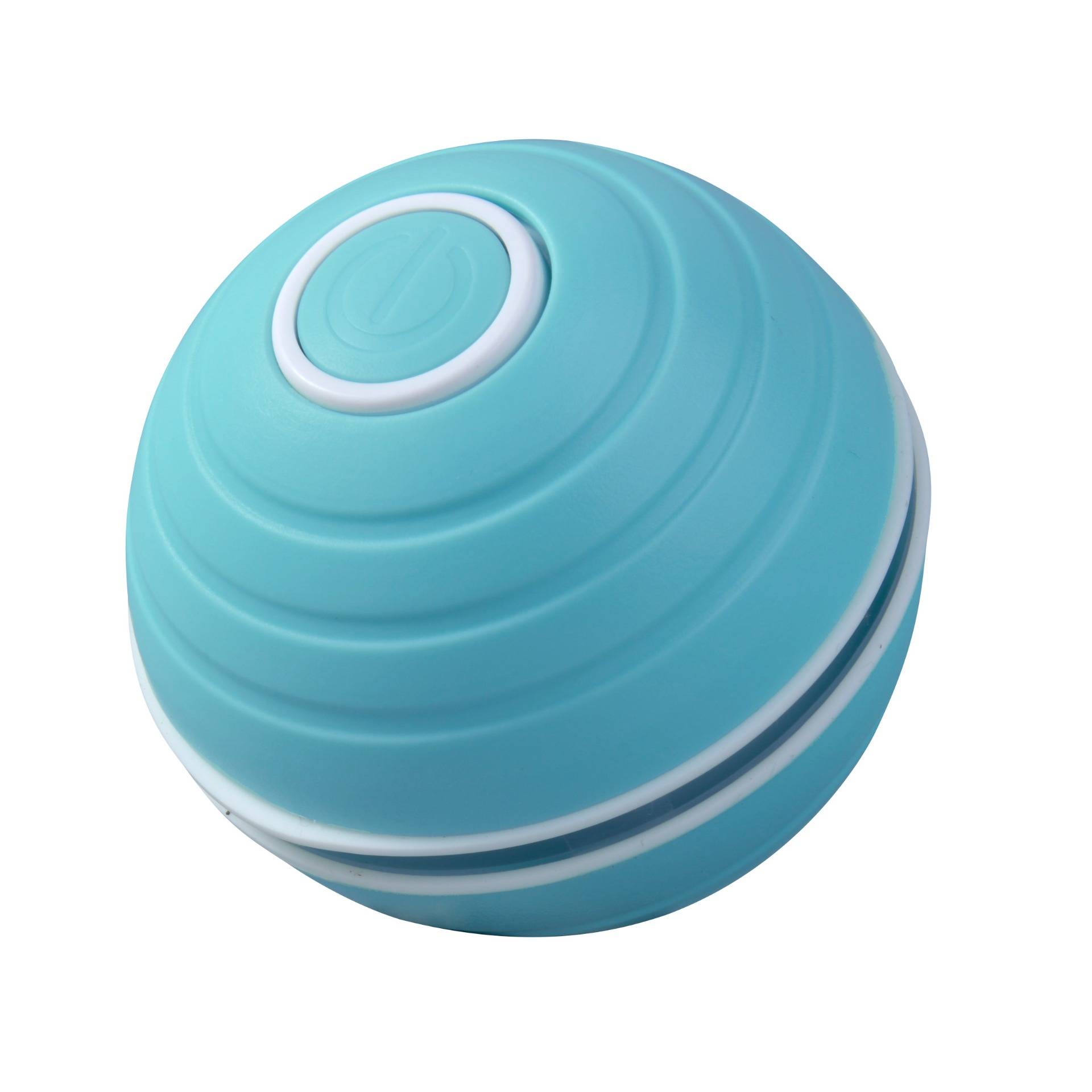 Blauer runder tragbarer Massageball mit einem erhabenen kreisförmigen Knopf oben, gezeigt vor einem weißen Hintergrund.