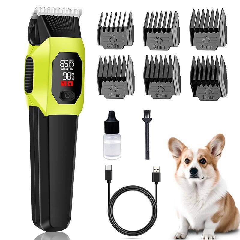 Grüner und schwarzer kabelloses Haustierhaarschneider mit digitaler Anzeige, sechs Führungskämmen, Reinigungsbürste, Ölflasche, USB-Kabel und ein Corgi-Welpe.
