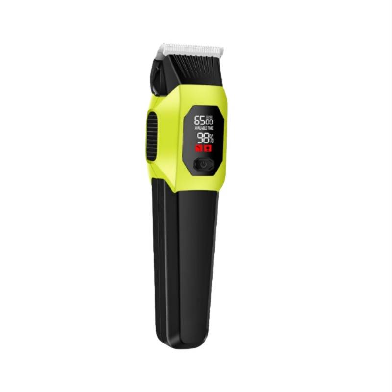 Elektrischer Haarschneider mit lime-grünem und schwarzem Gehäuse, digitales Display zeigt Batteriestand und Schnittlänge an, und ein weißer Schneidekopf.