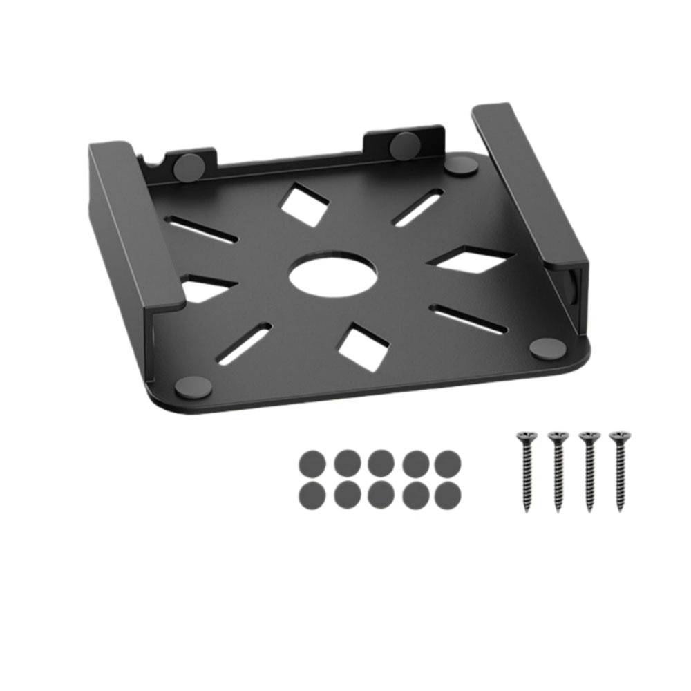 Schwarze Metall-Montageklammer mit erhöhten Seitenschienen, gezeigt mit 8 runden Pads und 4 Schrauben im Lieferumfang enthalten.
