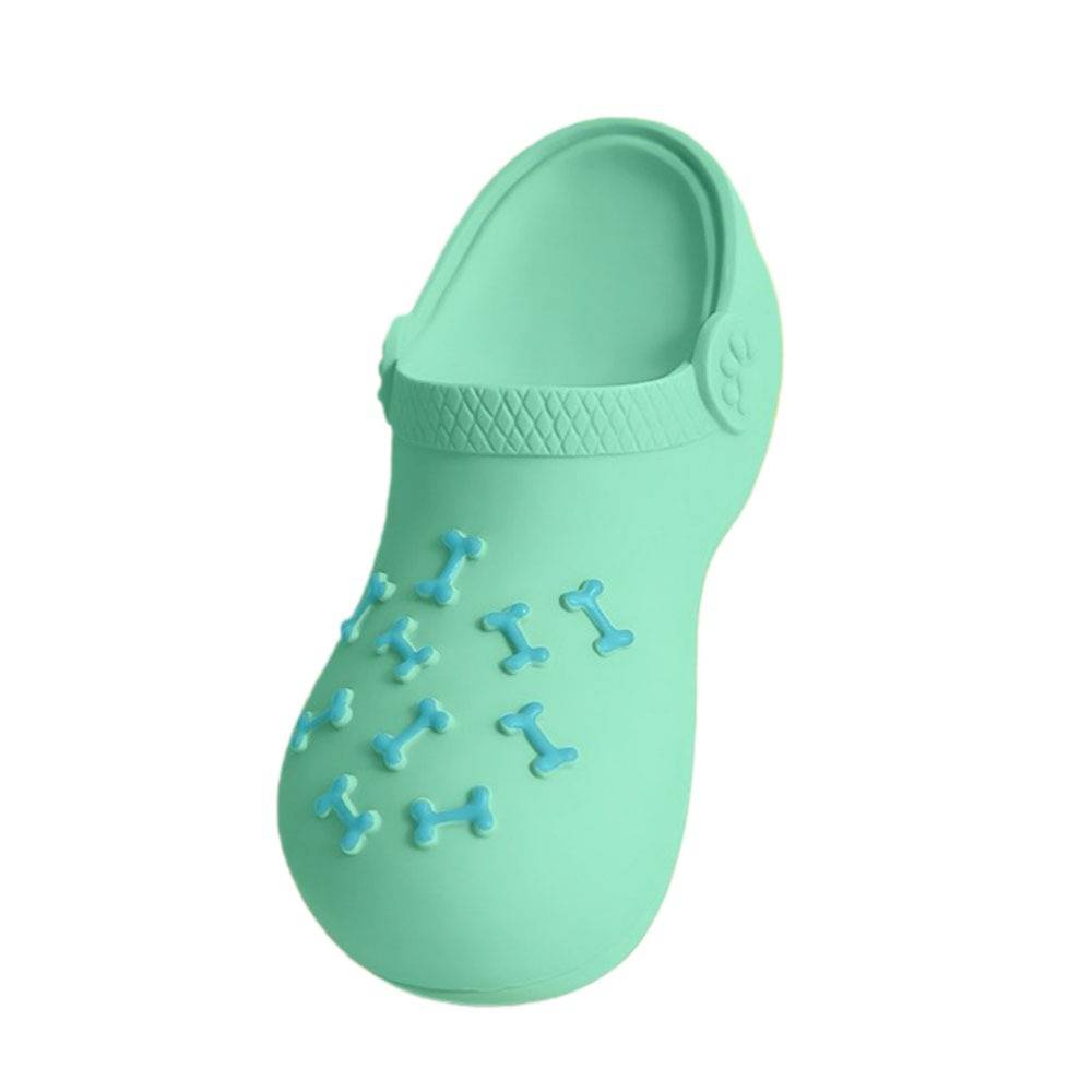 Mintgrüner Clog-Schuh mit blauen, knochenfömigen Anhängern im Zehenbereich, isoliert auf weißem Hintergrund dargestellt.