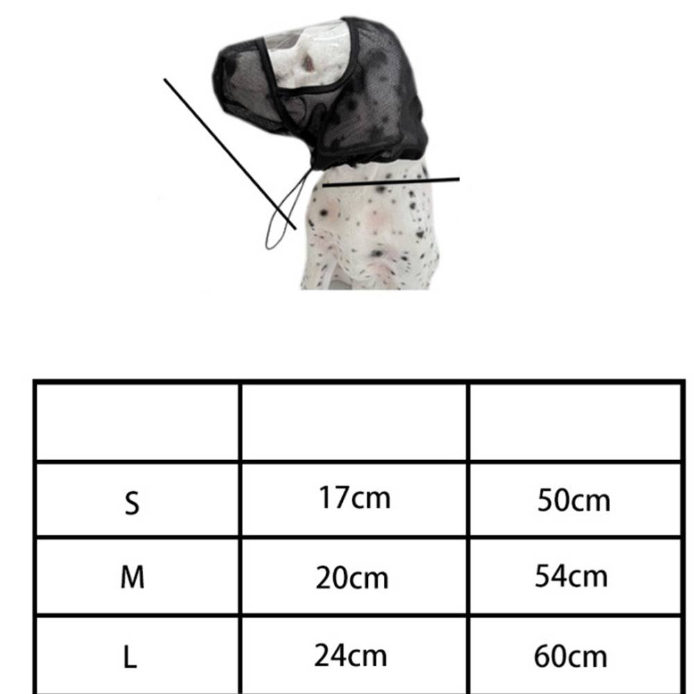 Diagramm einer Hundmütze mit Bändern und einer Größentabelle mit den Größen S, M und L mit den Maßen: 17/50 cm, 20/54 cm und 24/60 cm.