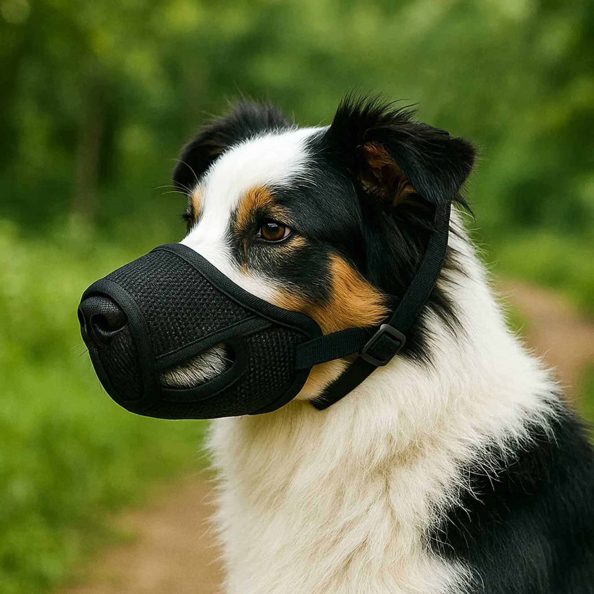 Schwarz-weißer Hund mit schwarzem Maulkorb und Kopfriemen, der auf einem grünen Weg im Freien steht.